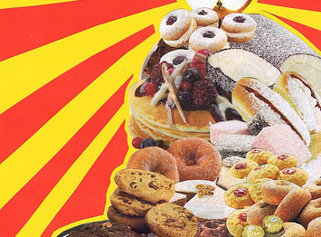 a pile of junk food including donuts and cookies with a red and yellow background