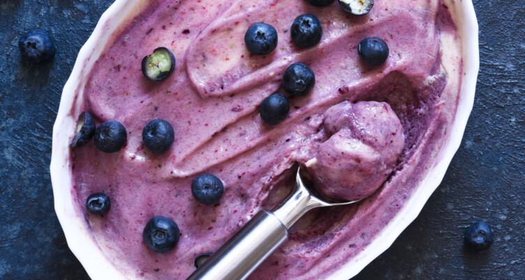 blueberry gelato tops with fresh berries and a ice cream scoop