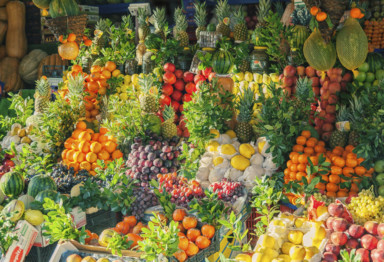 A market display of fruits and vegetables