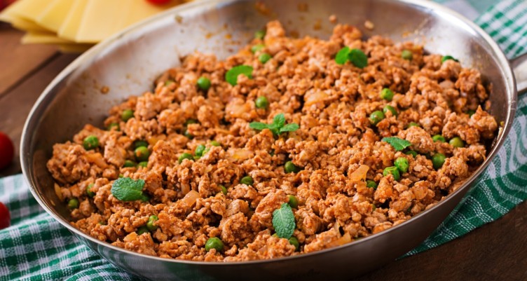 Skillet filled with ground meat