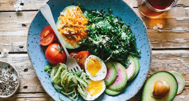 Plate with eggs, greens and avocado