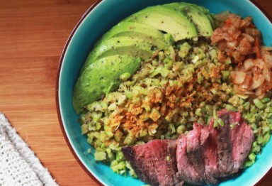 Paleo steak bowl with cauliflower rice and avocado