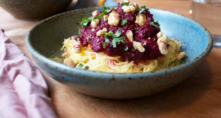 12 Best Vegetables and Fruit to Eat Right Now_Spaghetti Squash with Roast Beet Sauce