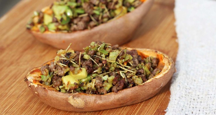 Sweet Potato Skins With Rosemary Ground Beef and Avocado