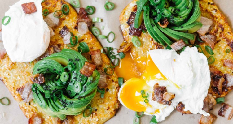 Cauliflower Bread With Crispy Bacon, Poached Eggs & Avocado