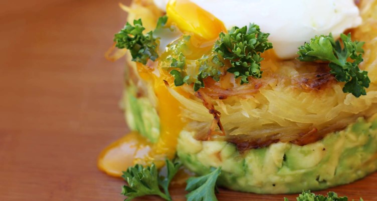 Spaghetti Squash Patties With Avocado and Poached Egg