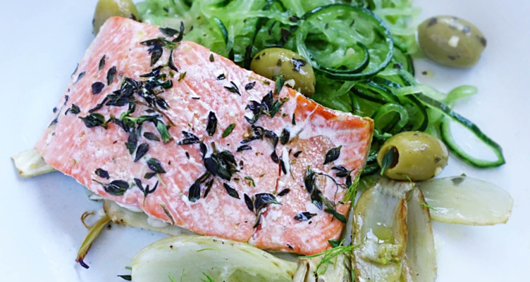 Baked Salmon With Thyme-Ghee and Cucumber Noodles