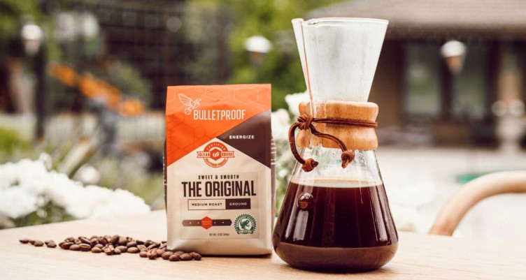 Bag of Bulletproof Coffee next to Chemex