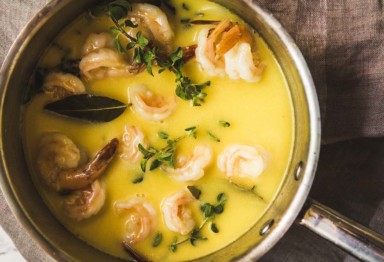 Wild-caught butter shrimp get the royal treatment, thanks to a creamy fat sauce and fresh, succulent herbs. Whole30, keto, and paleo.