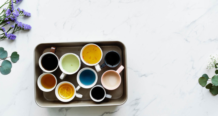 Variety of mugs on tray