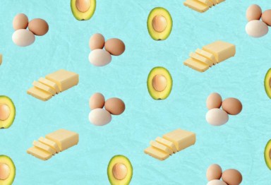 A tiled pattern of eggs, butter and avocados