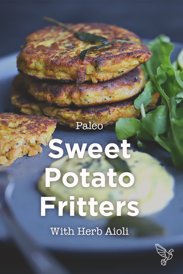 Sweet potato fritters cook up into a crisp and chewy main dish or snack, paired perfectly with a creamy herb aioli. (Paleo, Whole30)