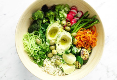 This low-carb summer buddha bowl combines nutrient-packed cooked and raw veggies with a healthy dose of flavorful fat. Paleo and Whole30.