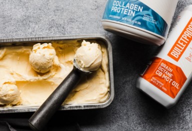 A fresh batch of Bulletproof coconut ice cream with a scooper