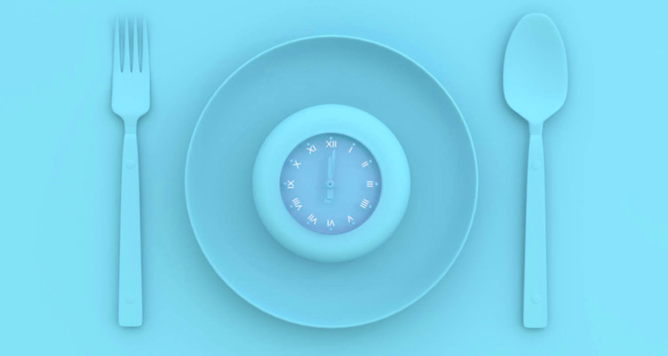 Blue plate, fork, knife and clock