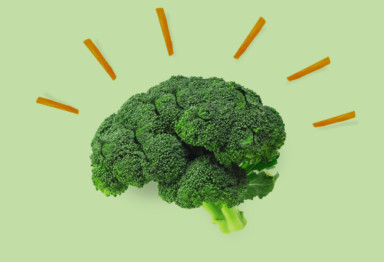 Head of broccoli on green background