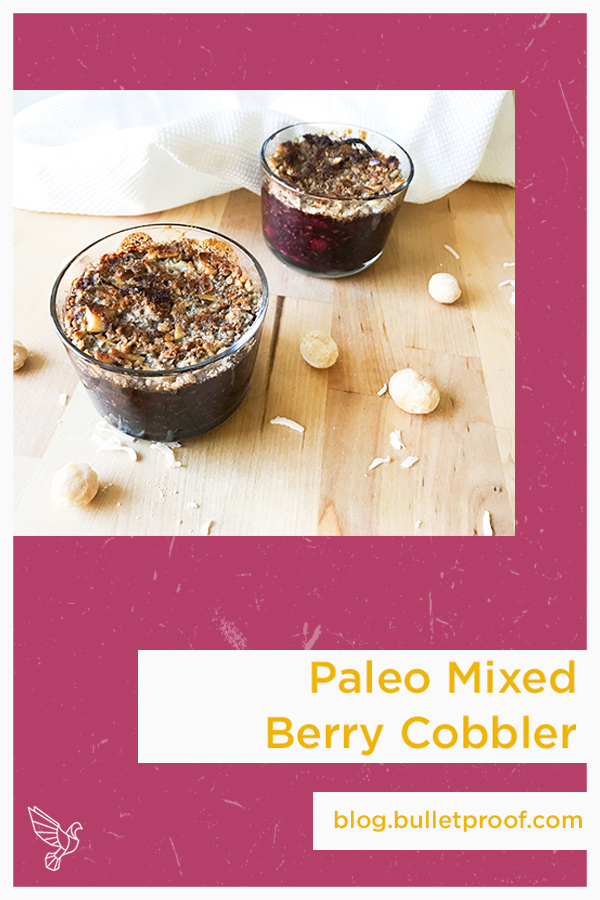 This sweet paleo berry cobbler recipe is packed with protein and healthy fats -- all without grains, gluten, or refined sugar. (Plus just 15 minutes prep!)