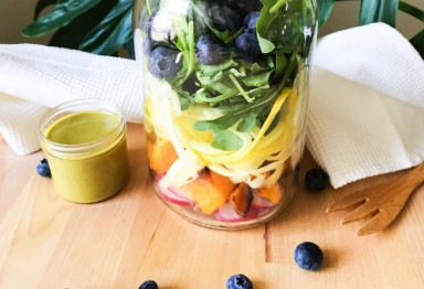 This keto, paleo, and Whole30 mason jar salad recipe combines colorful veggies with a creamy avocado cilantro dressing. Perfect for meal prep!