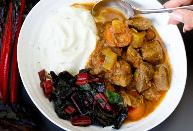 This keto slow cooker beef stew slashes prep time without skimping on flavor: Rich chunks of beef stew in a warm sauce with tender veggies.