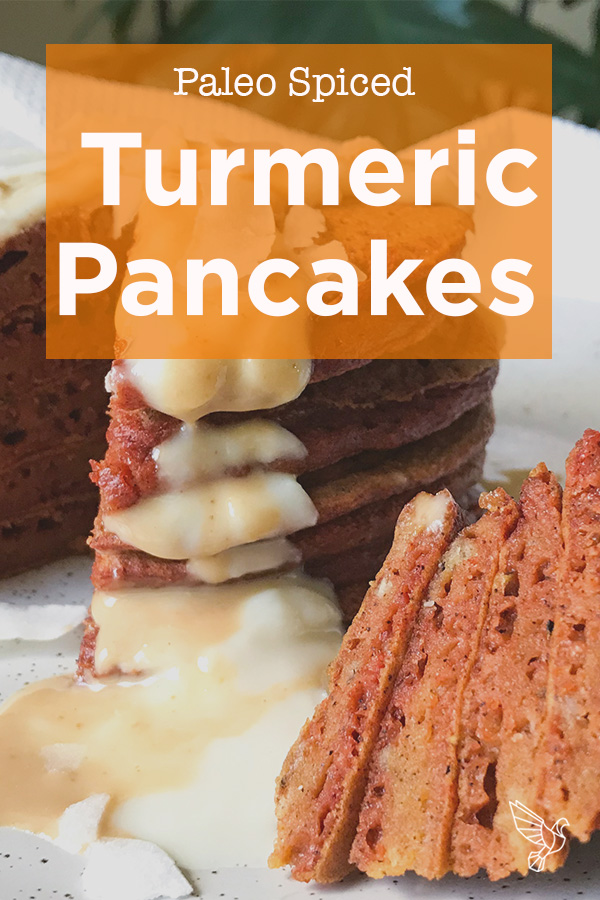 Spiced turmeric pancakes taste just like a golden milk latte, and are packed with paleo-friendly ingredients and resistant starch.