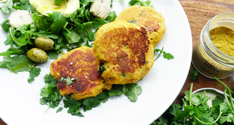 Sweet potato salmon patties on white plate