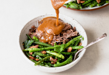 Creamy Paleo Onion Gravy over beef and vegetables