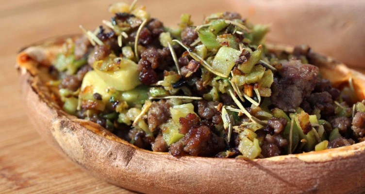 Sweet potato skins with rosemary ground beef and avocado