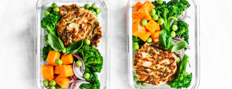 Two turkey burger meals in glass containers