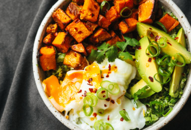This loaded sweet potato bowl has everything you need for a power-packed breakfast: Tender veggies, rich and flavorful fats, and deliciously runny eggs.