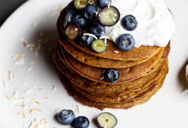 Paleo Sweet Potato Pancakes with blueberries