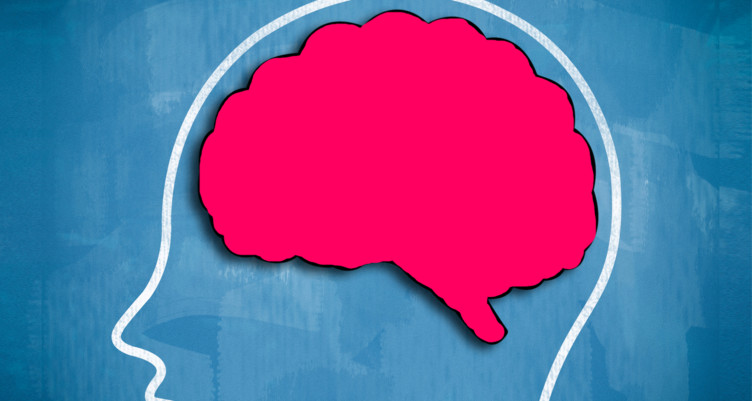 Illustration of red brain inside outline of head on blue background