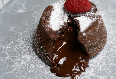 Keto chocolate lava cake with raspberry