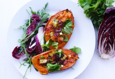With savory bacon and leeks, these twice baked sweet potatoes are loaded with clean eating ingredients and healthy fats -- perfect with any meal!