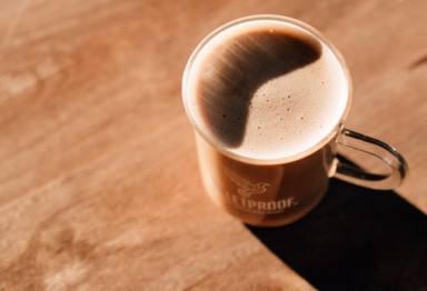 Overhead shot of Bulletproof Coffee in glass beaker