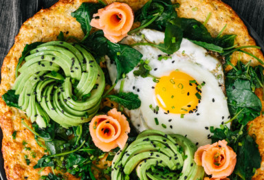 Keto breakfast with eggs, salmon and avocado