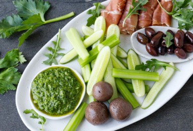 Keto Snack Plate with Rocket and Basil Pesto