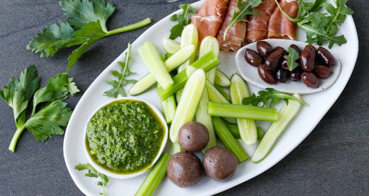 Keto Snack Plate with Rocket and Basil Pesto