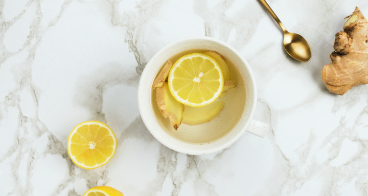 Mug of lemon and ginger tea