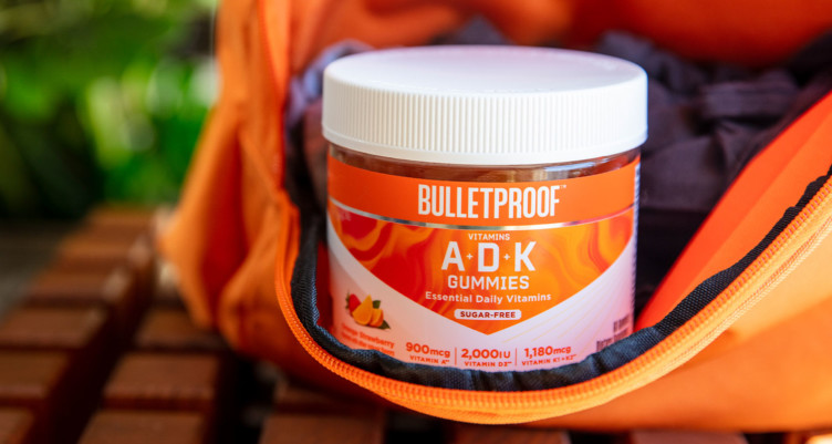 Bulletproof Vitamins A+D+K Gummies in a gym bag.