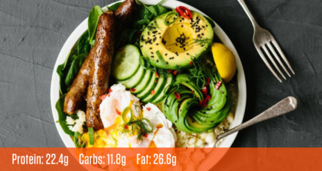 Tazón de desayuno con aguacate, huevos y salchichas