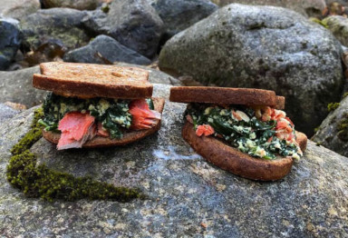 Smoked salmon breakfast sandwiches on rock