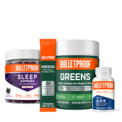Bulletproof sleep gummies, greens powder and greens packets, vitamins a-d-k