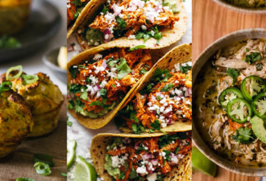 A gallery of muffins, tacos, and soup