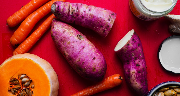 Sweet potatoes, squash and carrots