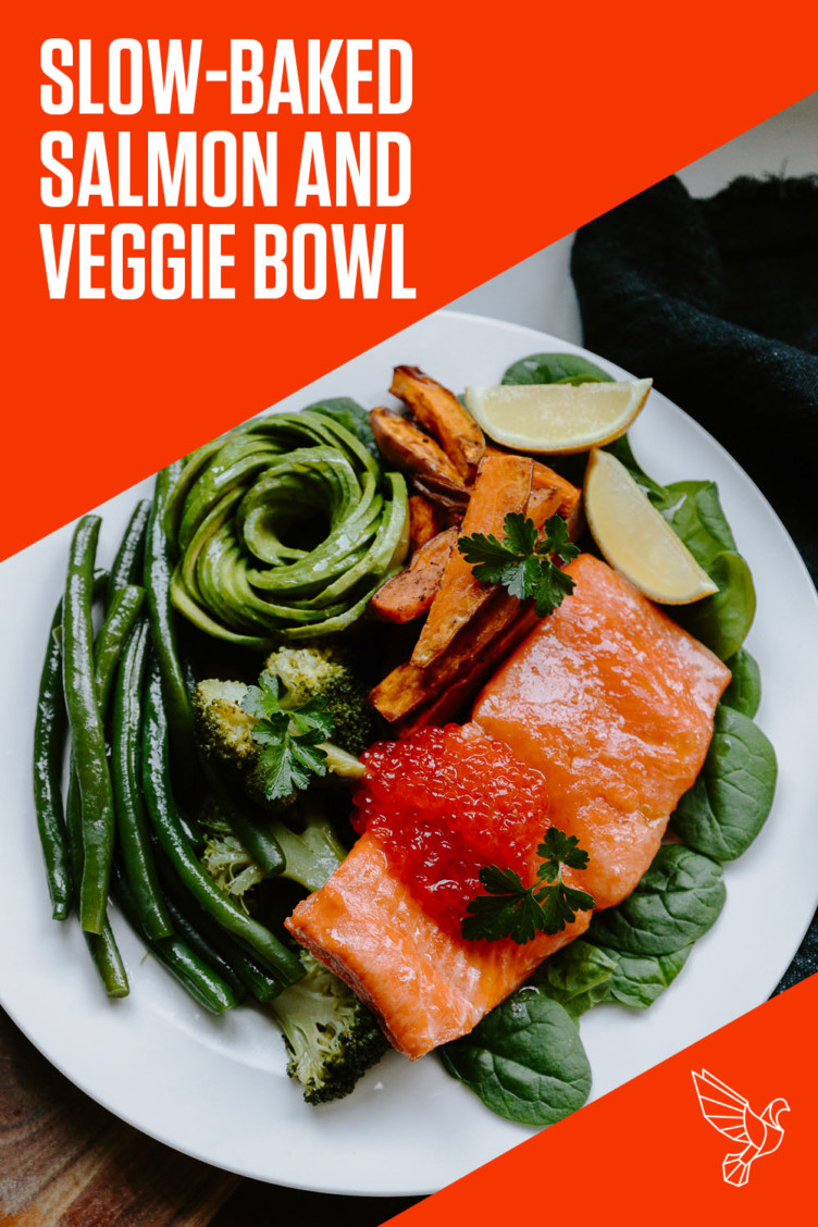 Salmon and vegetables in white bowl