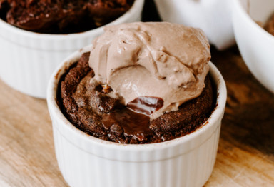 Chocolate mug cake topped with ice cream