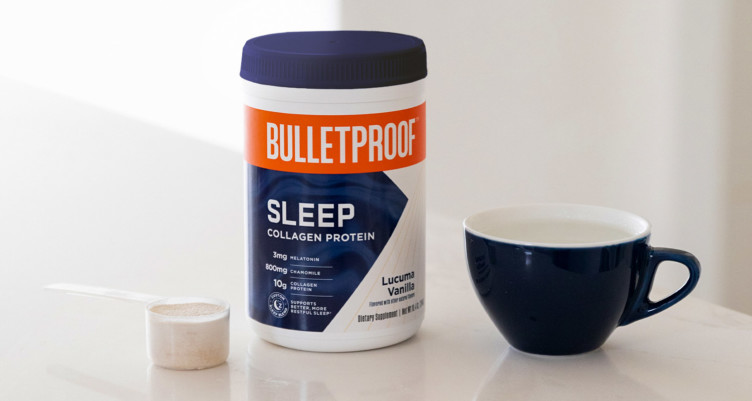 Bulletproof Sleep Collagen Protein, a scooper and a tea cup