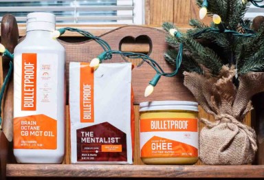 A holiday themed arrangement of Bulletproof Coffee ingredients