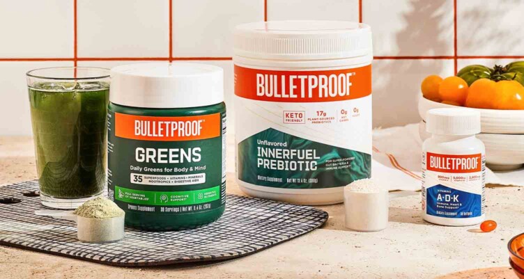 Lineup of of Bulletproof supplements including Greens, Innerfuel Prebiotic & Vitamin A+D+K