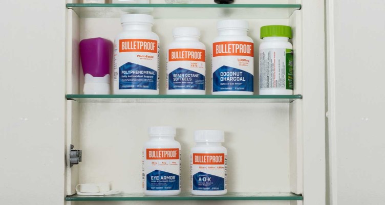 A medicine cabinet full of Bulletproof supplements